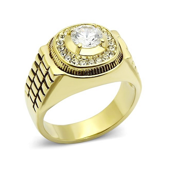 Exclusive 14K Gold Plated Mens Ring Clear CZ
