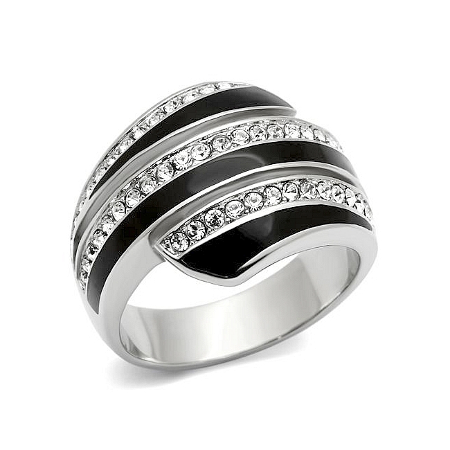 Classic Silver Tone Band Fashion Ring Clear Crystal