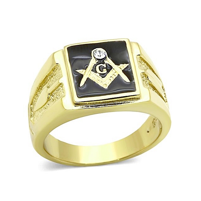 Extraordinary 14K Gold Plated Masonic Mens Ring Clear Crystal