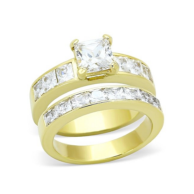 14K Gold Plated Pave Engagement Wedding Ring Set Clear CZ
