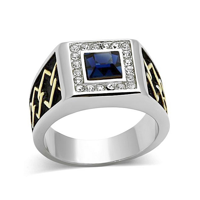 14K Two Tone ( Gold & Silver) Square Mens Ring Montana Top Grade Crystal