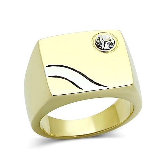 14K Two Tone ( Gold & Silver) Square Mens Ring Clear Top Grade Crystal