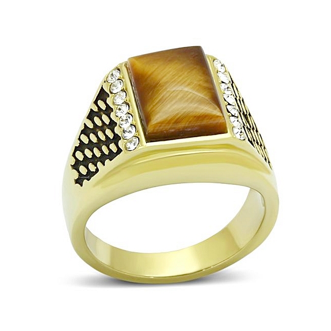 14K Gold Plated Square Mens Ring Topaz Synthetic Tiger Eye