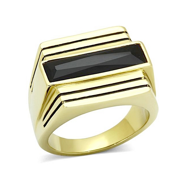 Elegant 14K Gold Plated Mens Ring Black Synthetic Glass
