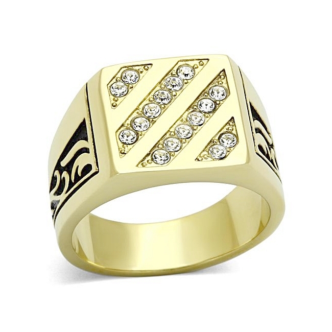 14K Gold Plated Square Mens Ring Clear Top Grade Crystal