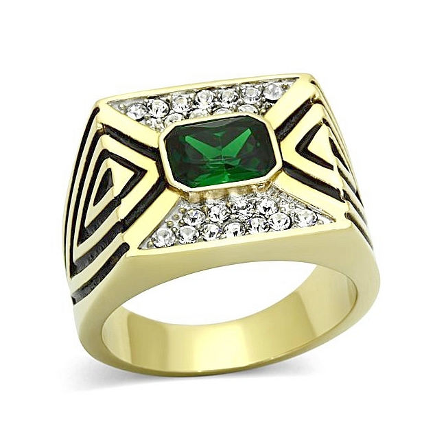 14K Two Tone ( Gold & Silver) Square Mens Ring Emerald Synthetic Glass