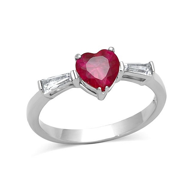 Classic Silver Tone Side Stone Engagement Ring Ruby CZ