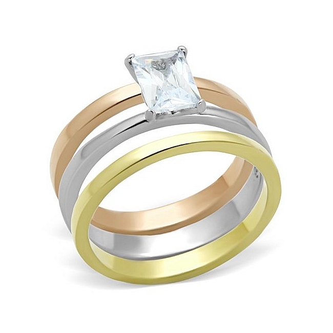 Ion Tri Tone (Gold & Rose Gold & Silver) Solitaire Engagement Wedding Ring Set Clear Cubic Zirconia