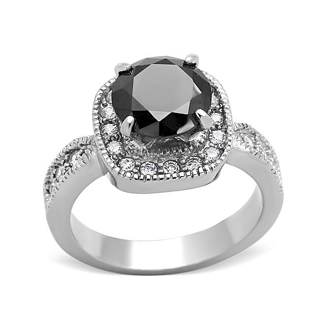 Silver Tone Vintage Engagement Ring Black CZ