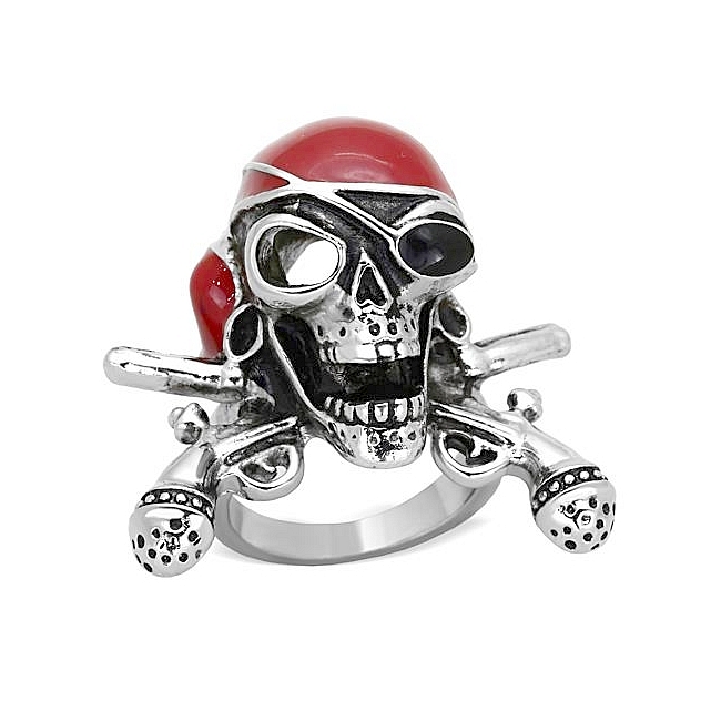 Silver Tone Pirate Skull Mens Ring Siam Epoxy