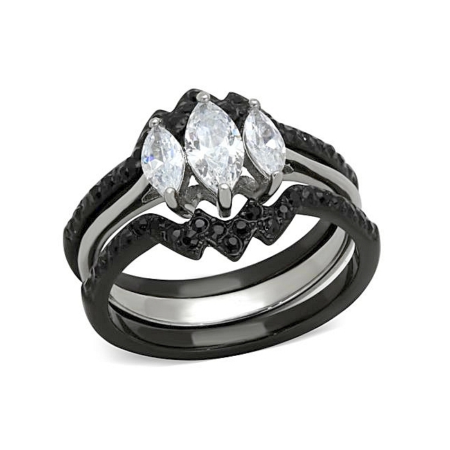 14K Two Tone (Black & Silver) Pave Engagement Wedding Ring Set Clear CZ