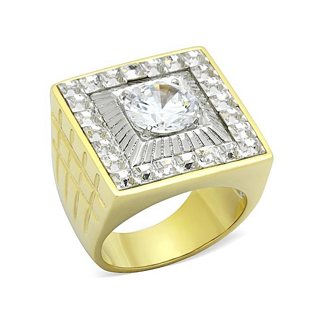14K Two Tone (Gold & Silver) Square Mens Ring Clear CZ