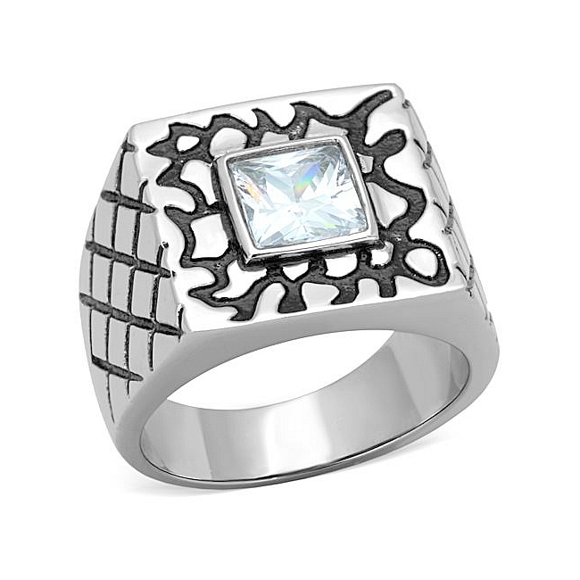 Silver Tone Masonic Mens Ring Clear Cubic Zirconia