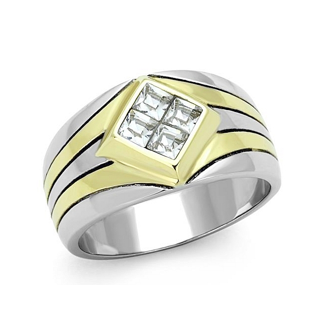 14K Two Tone (Gold & Silver) Masonic Mens Ring Clear Crystal