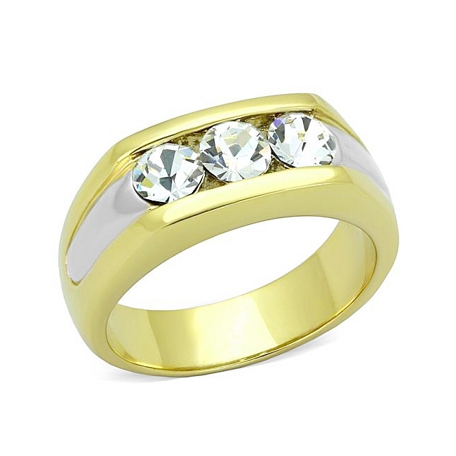 14K Two Tone (Gold & Silver) Mens Ring Clear Crystal