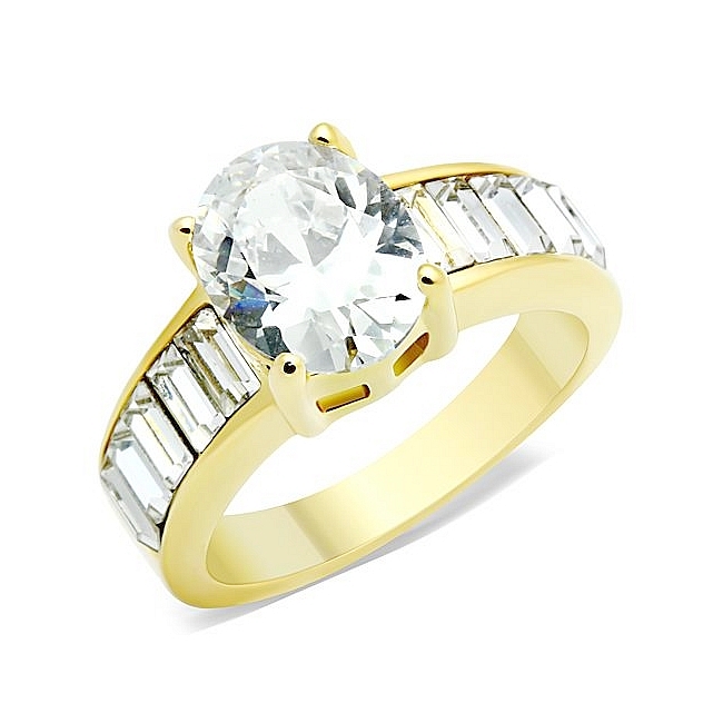 14K Gold Plated Side Stone Engagement Ring Clear CZ