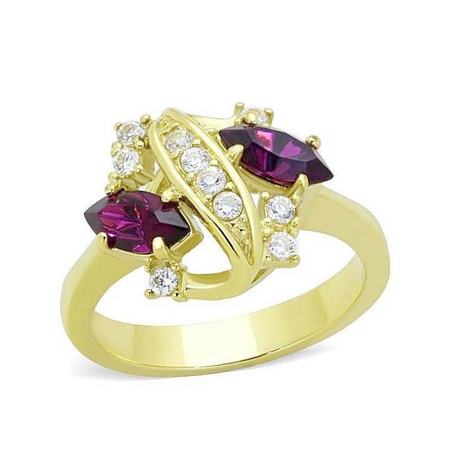 14K Gold Plated Flower Fashion Ring Amethyst Crystal