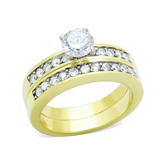 14K Yellow Gold Plated Wedding Ring Set w Cubic Zirconia