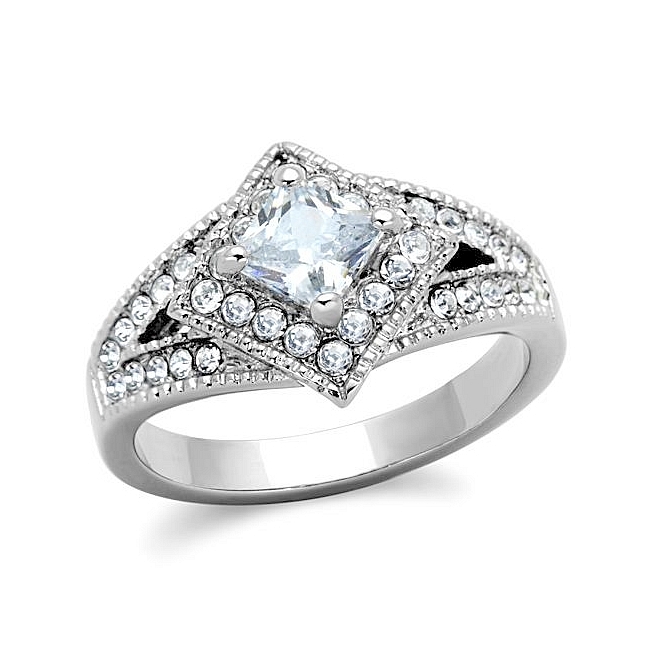 Stylish Silver Tone Halo Engagement Ring Clear Cubic Zirconia