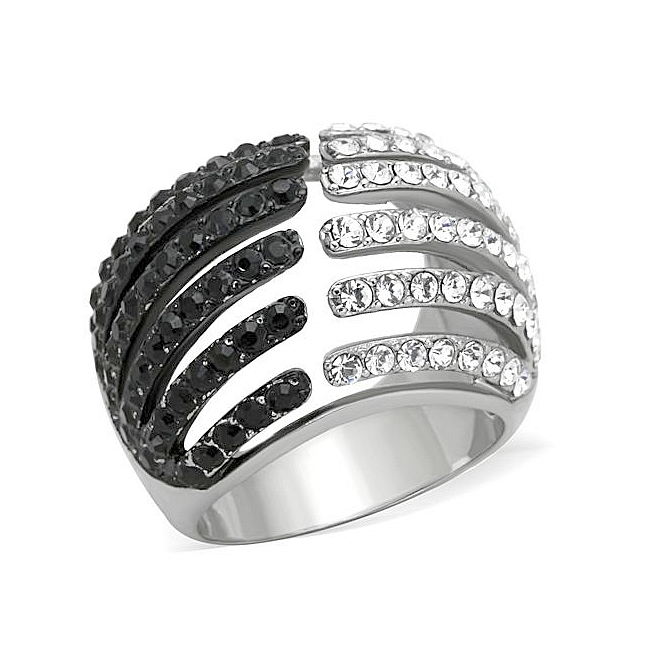 14K Two Tone (Black & Silver) Modern Fashion Ring Black Crystal