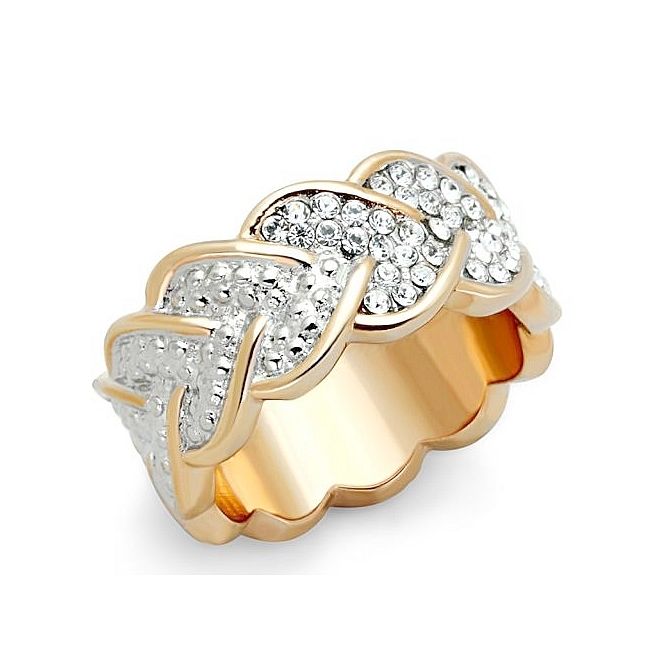 14K Two Tone (Rose Gold & Silver) Band Fashion Ring Clear Crystal