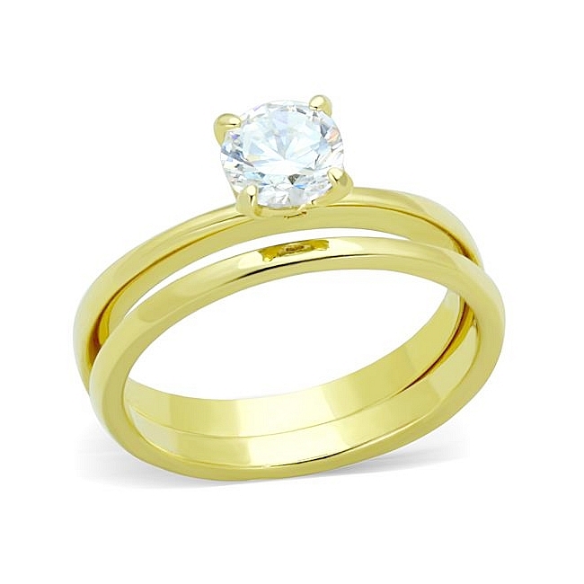 14K Gold Plated Solitaire Engagement Wedding Ring Set Clear CZ