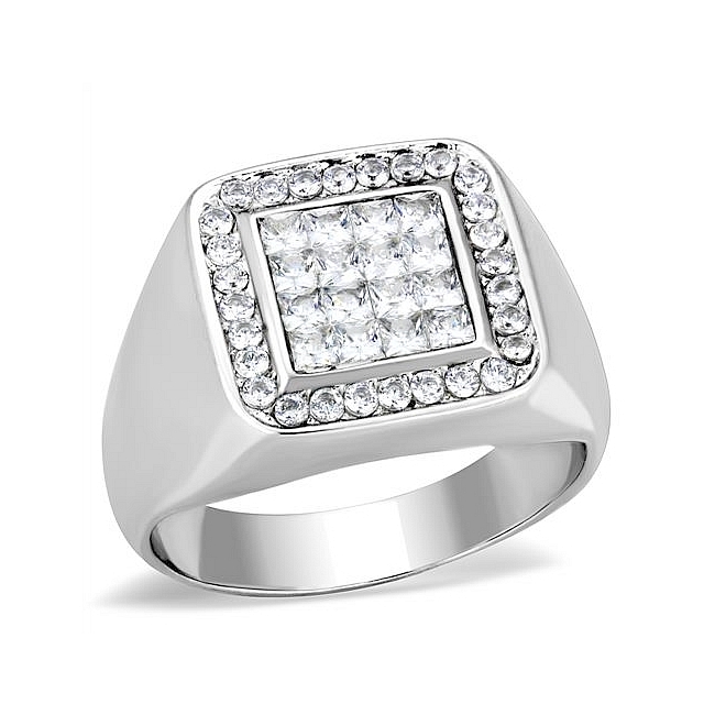 Silver Tone Mens Ring Clear CZ