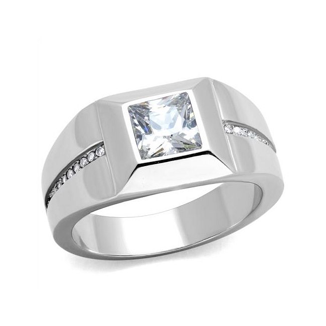 Lovely Silver Tone Mens Ring Clear CZ
