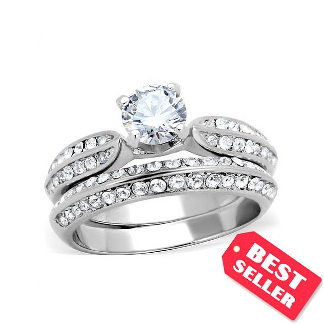 Stylish Silver Tone Pave Engagement Wedding Ring Set Clear CZ