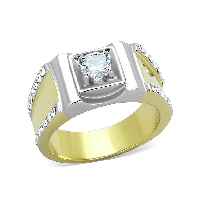 14K Two Tone (Gold & Silver) Mens Ring Clear CZ