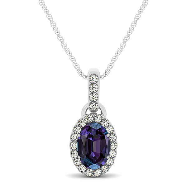 Lovely Halo Oval Alexandrite Necklace in Gold, Silver or Platinum