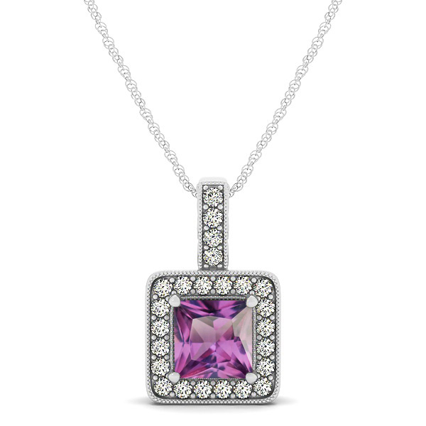 Square Alexandrite Halo Necklace in Gold or Sterling Silver