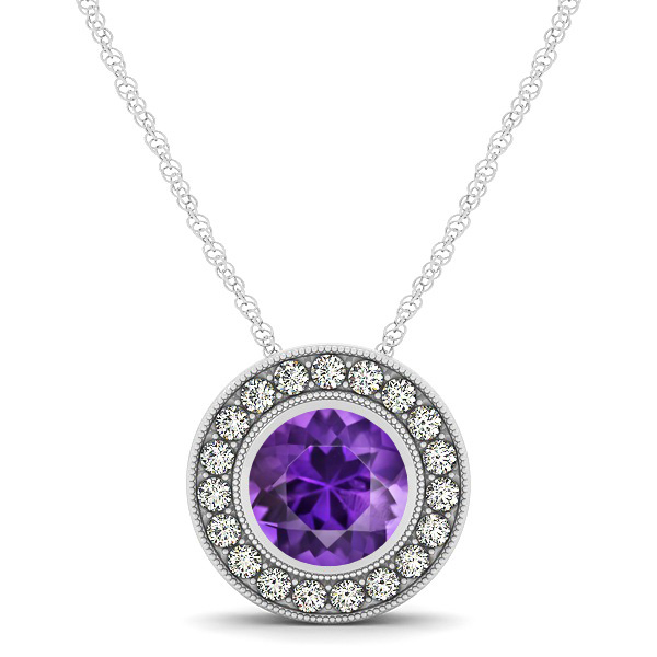 Classy Halo Necklace with Round Cut Amethyst Pendant