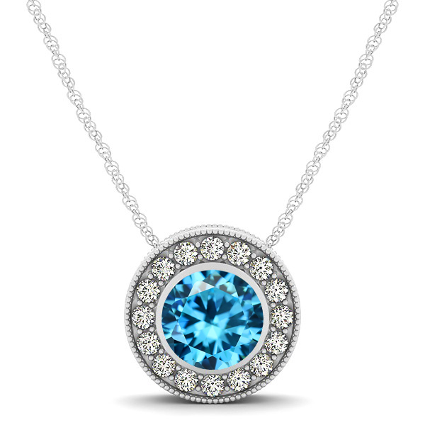 Halo Aquamarine Necklace with Round Pendant