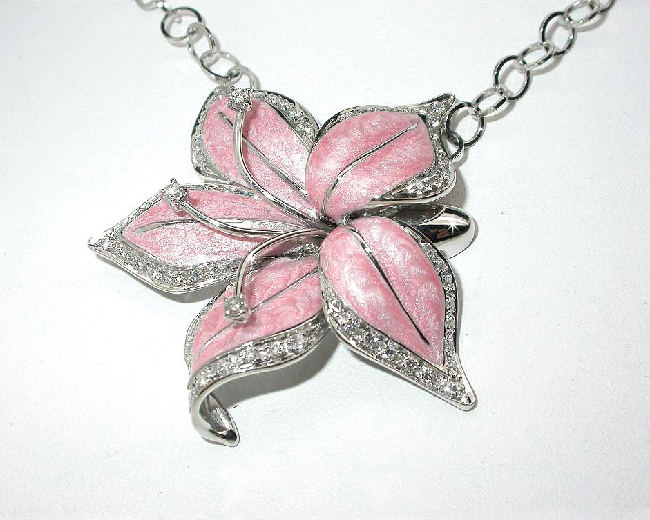 Italian Pink Enamel Flower Leaf Pendant & Necklace 0.09 CT Diamonds