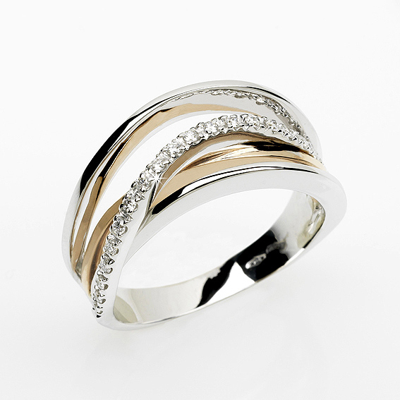 Deluxe Italian 0.15 CT Diamond Wedding Ring 18K White & Yellow Gold