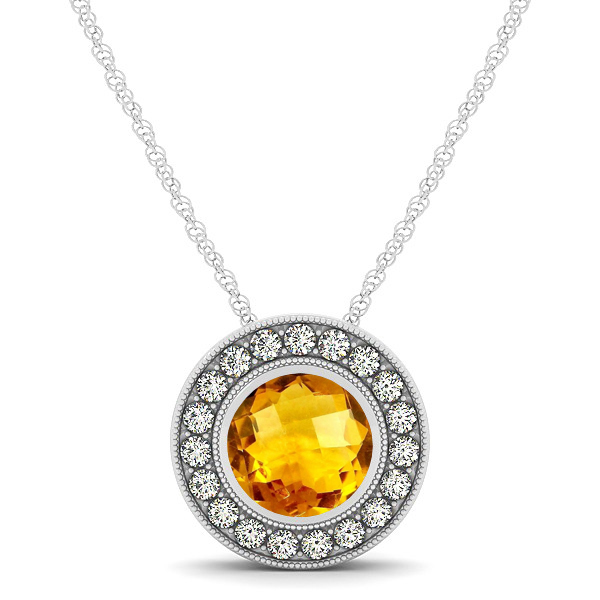 Classy Halo Necklace with Round Cut Citrine Pendant