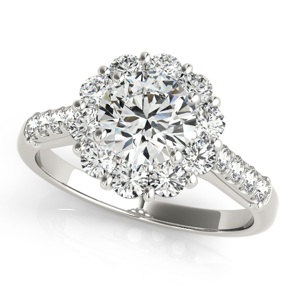 Floral Halo Engagement Ring Fashionable Diamond Side Stones