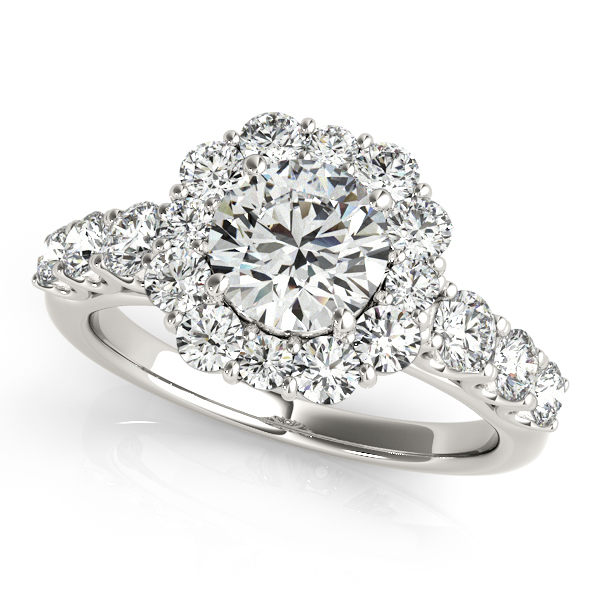 One Carat Floral Halo Side Stone Diamond Engagement Ring