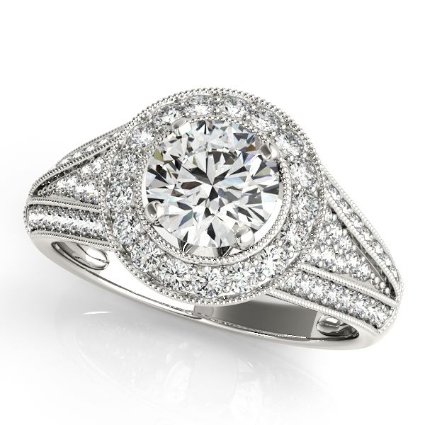 Interesting V-Shaped Filigree Side Stone Pave Halo Engagement Ring