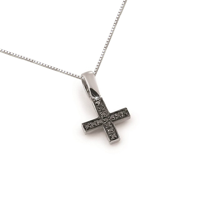 Black Diamond Square Cross Pendant Necklace 18K White Gold