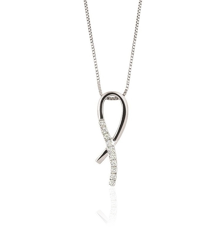 Curved Bar Ribbon Pendant Necklace with Diamonds