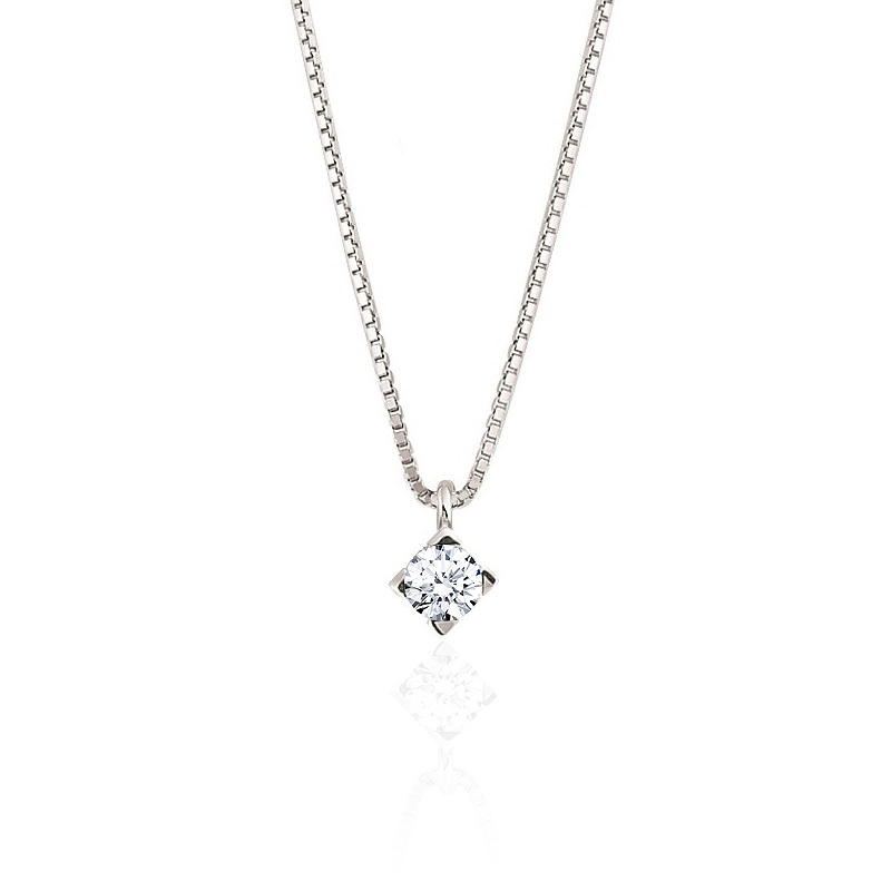 Square Pendant Necklace with Solitaire Round Diamond 0.15CT
