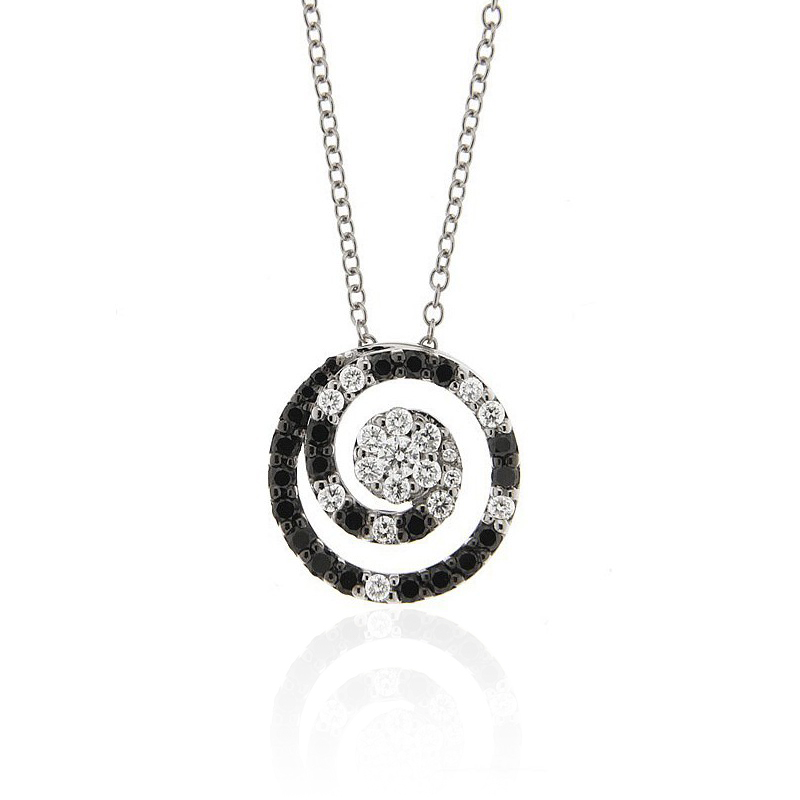 Black Diamond Circle Swirl Pendant Necklace 18K White Gold