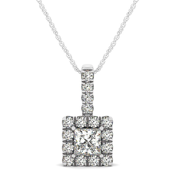 Upscale Square Drop Halo Necklace with Princess Cut Diamond