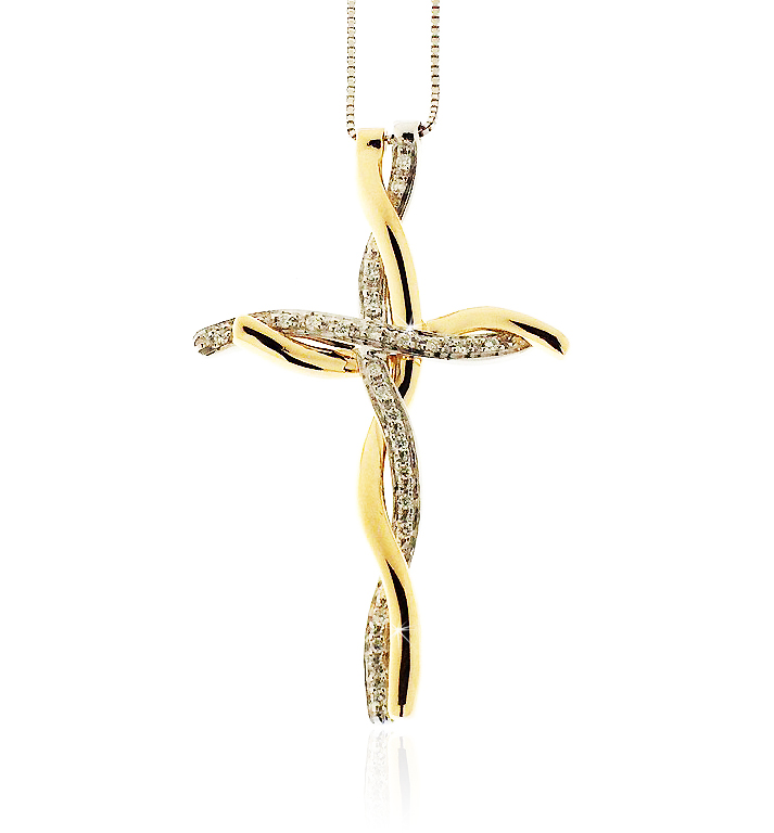 Two Tone Double Cross Necklace Yellow White Gold