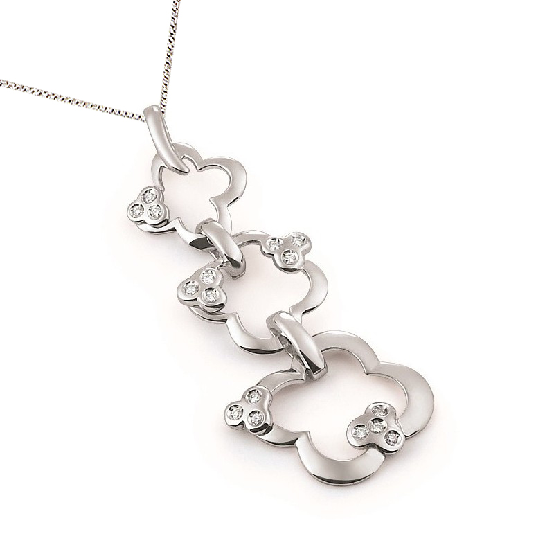 Cute Three Flower Drop Pendant Necklace 0.12CT Diamonds