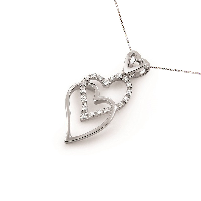 Italian Double Heart Charm Pendant Necklace 0.12CT Diamonds