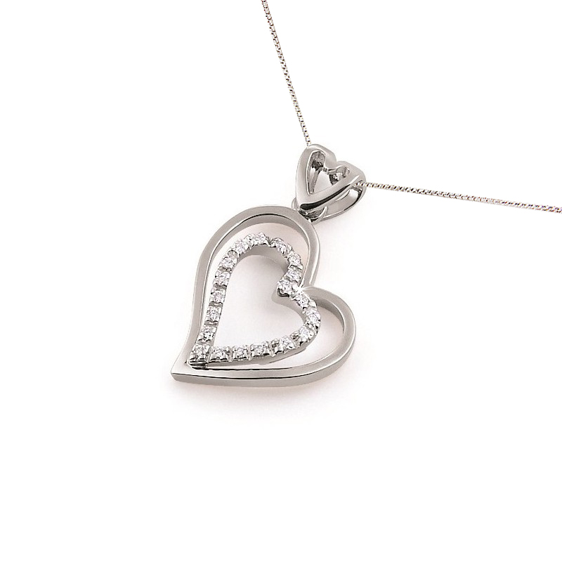 Stylish Two Floating Hearts Pendant Necklace 0.12CT Diamonds