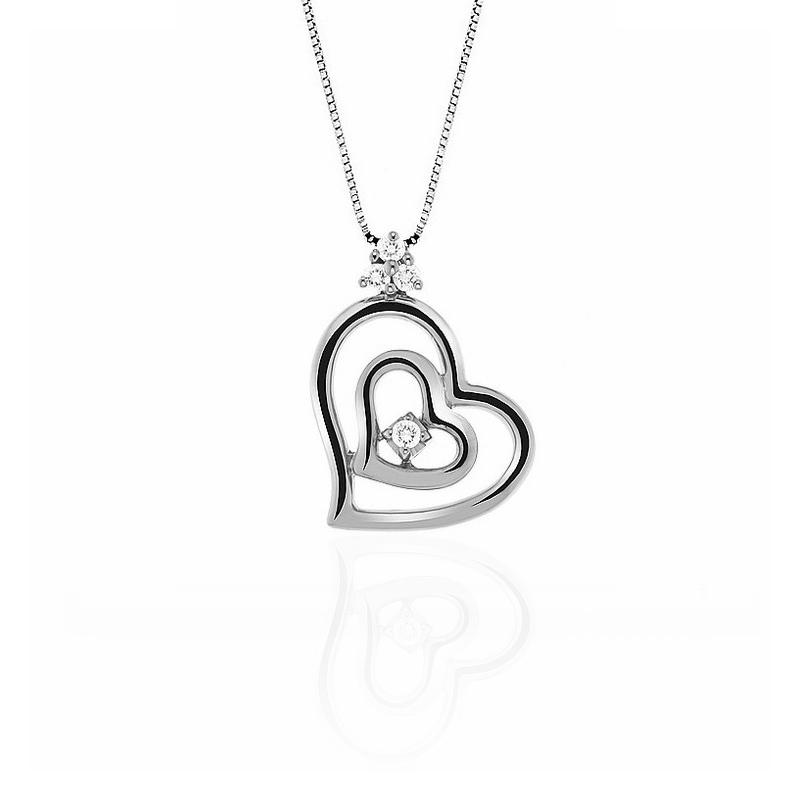 Two Floating Hearts Diamond Pendant Necklace 0.12CT